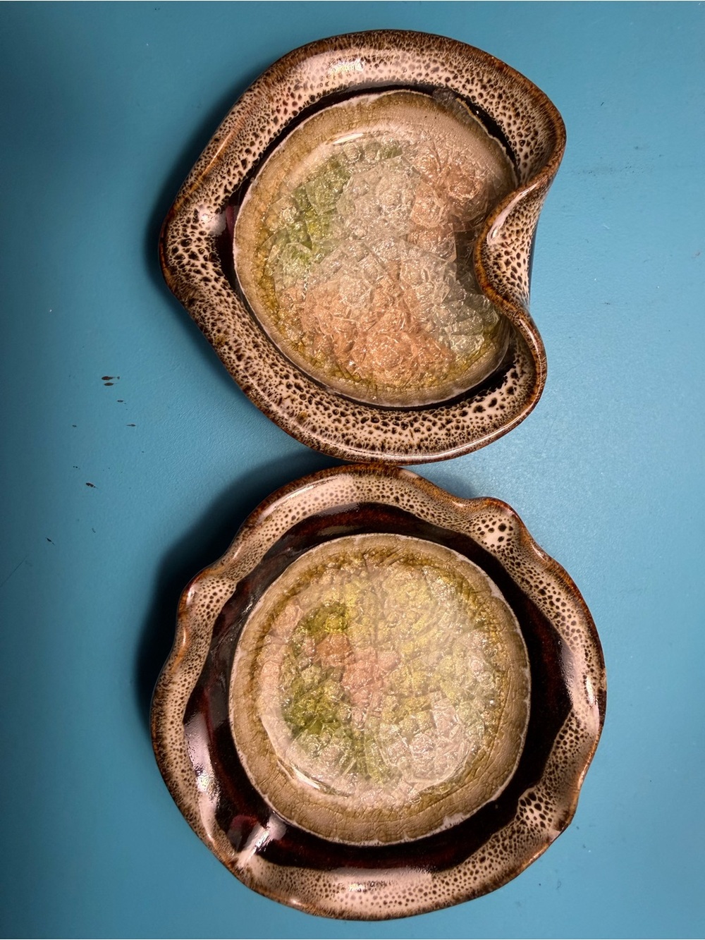 Vintage Ceramic Trinket dishes  with Crackle Glaze - Brown & Green